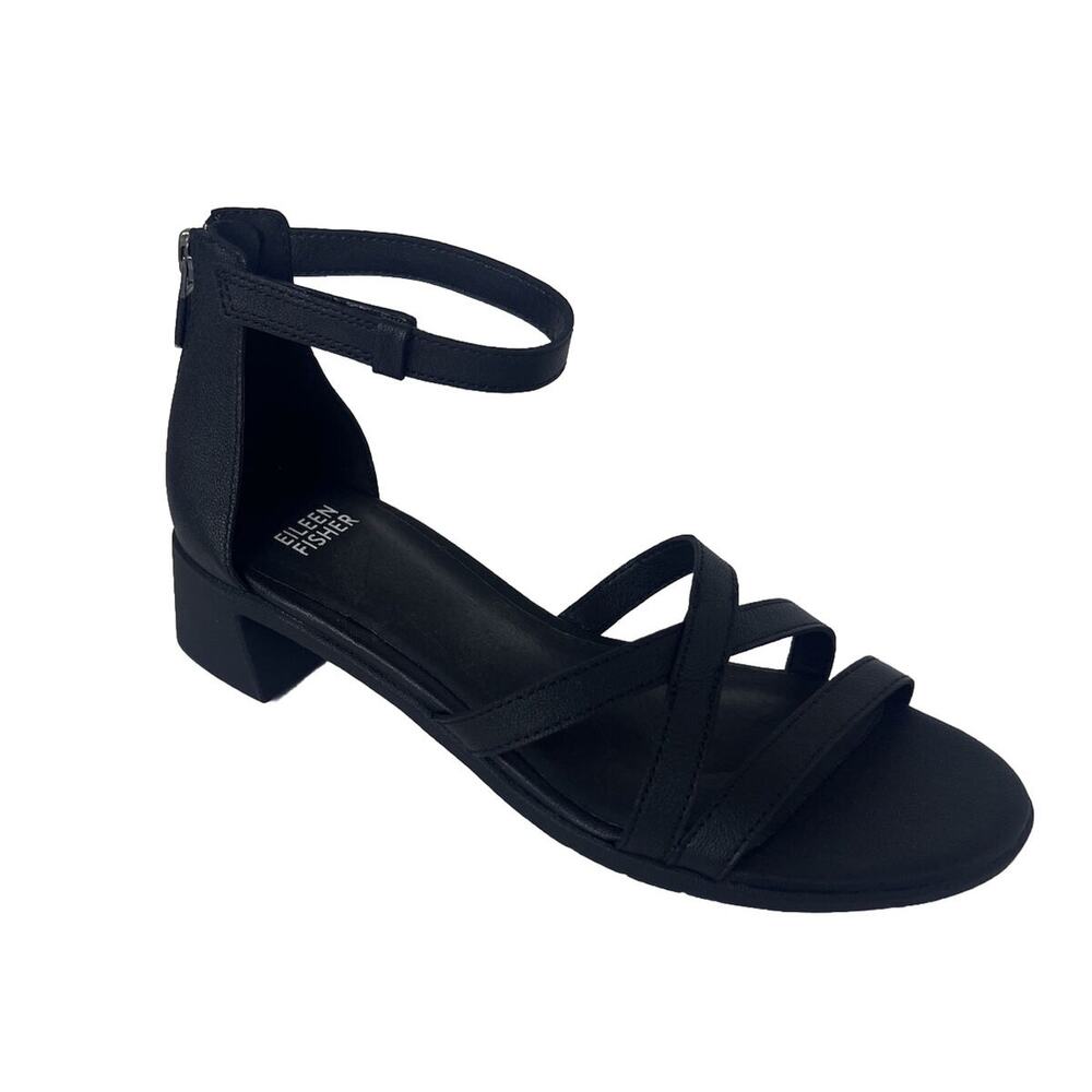 Eileen Fisher NWOB Noni Leather Strappy Front Ankle Strap Black Sandal Size 5.5